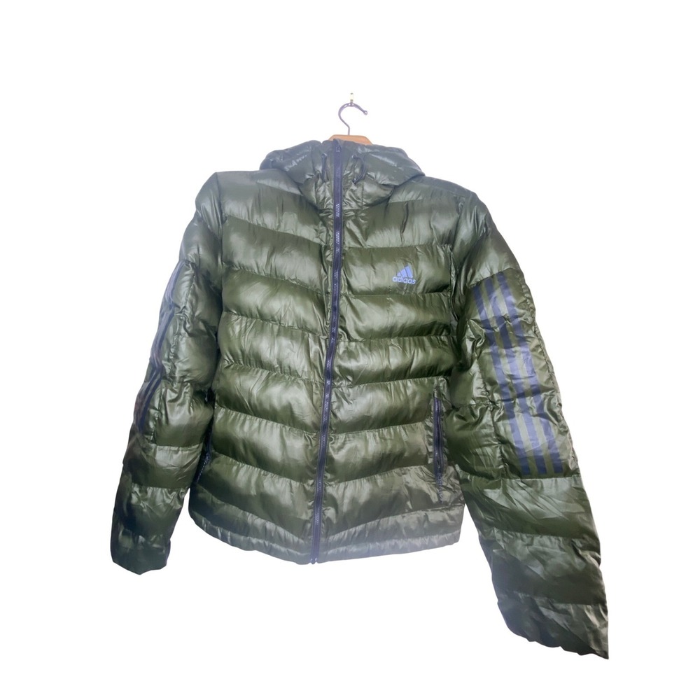 Adidas‎ Puffer Jacket Hooded Green Olive Mens Size L Full Zip Down Insulated